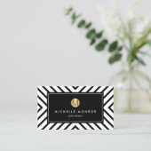 Retro Mod Black en White Pattern Gold Monogram Visitekaartje (Staand voorkant)