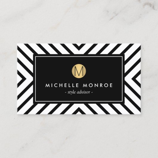 Retro Mod Black en White Pattern Gold Monogram Visitekaartje (Voorkant)