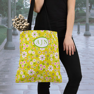 Retro Mod Bloemen Geel & Wit Monogram Draagtas