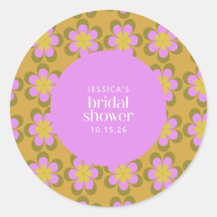 Retro Mod Flowers Paars en Geel Vrijgezellenfeest Ronde Sticker