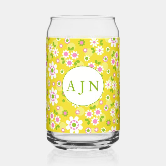 Retro Mod Flowers Yellow & White Monogram Blikvorm Glas (Voorkant)