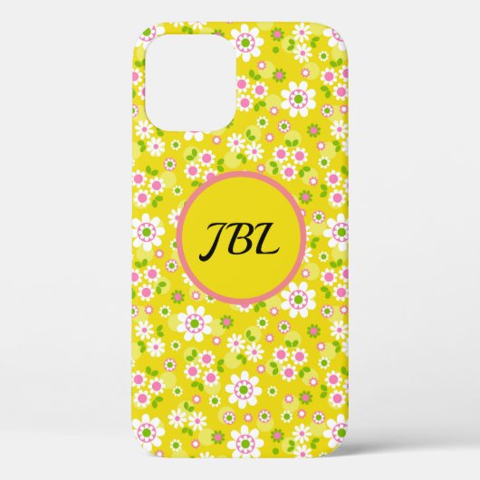 Retro Mod Flowers Yellow & White Monogram Case-Mate iPhone Case (Achterkant)