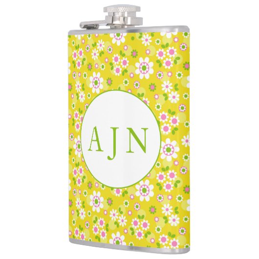 Retro Mod Flowers Yellow & White Monogram Heupfles (Links)