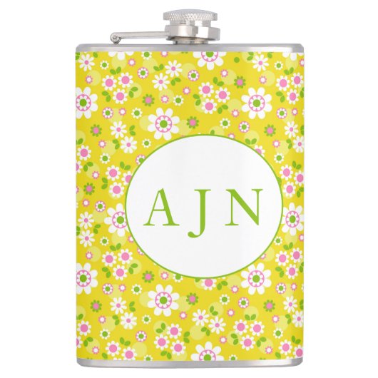Retro Mod Flowers Yellow & White Monogram Heupfles (Voorkant)
