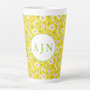 Retro Mod Flowers Yellow & White Monogram Latte Mok