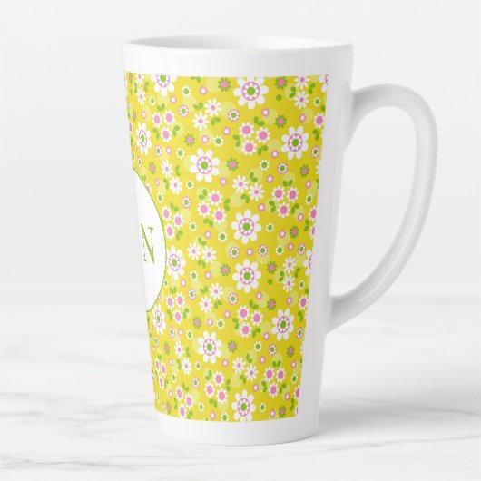 Retro Mod Flowers Yellow & White Monogram Latte Mok (Rechts)