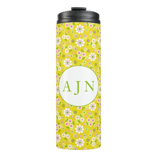 Retro Mod Flowers Yellow & White Monogram Thermosbeker (Voorkant)