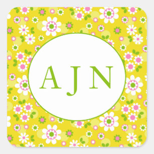 Retro Mod Flowers Yellow & White Monogram Vierkante Sticker