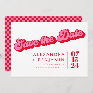 Retro Mod Groovy Bold Pink Red Checkerboard Save The Date