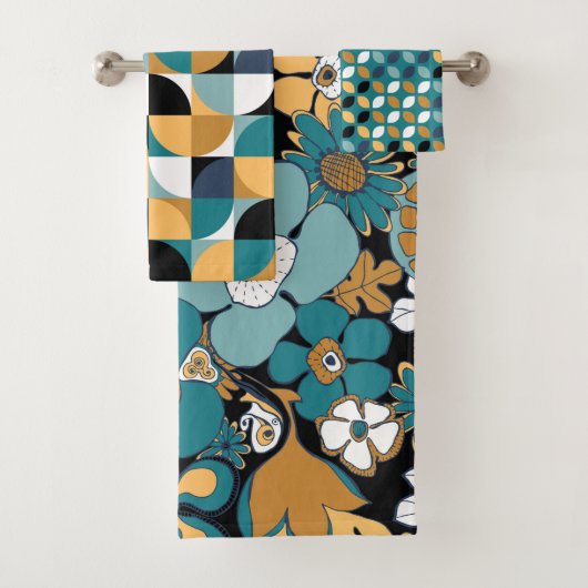 Retro Mod Motifs Aqua Turquoise Mustard Noir Blanc (En situation)