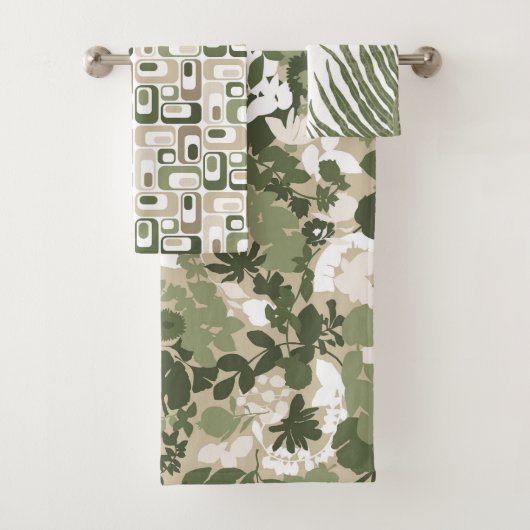 Retro Mod patronen salie olijfgroen beige Bad Handdoek (Insitu)