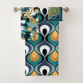 Retro Mod patronen turquoise mosterd zwart wit aqu Bad Handdoek