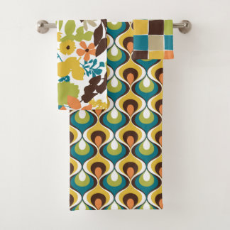 Retro Mod patronen turquoise oranje mosterdgroen Bad Handdoek