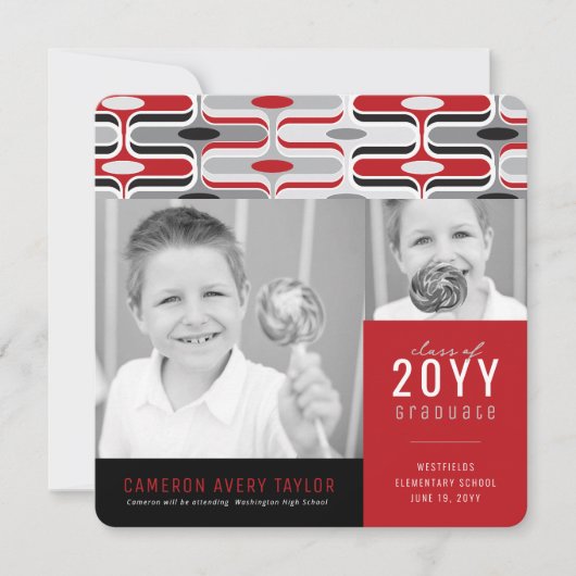 Retro Mod Red en Black Ogee 2 Foto Afstuderen Aankondiging (Voorkant)