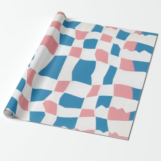 Retro Mod Roze Blauw Checkerboard Abstract Cadeaupapier (Uitgerold)