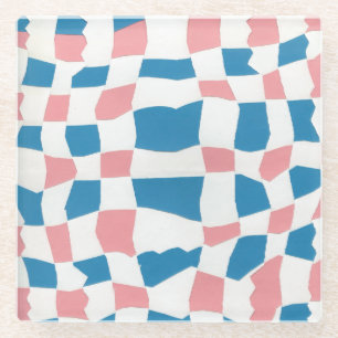 Retro Mod Roze Blauw Checkerboard Abstract Glazen Onderzetter