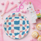 Retro Mod Roze Blauw Checkerboard Abstract Papieren Bordje (Feest)