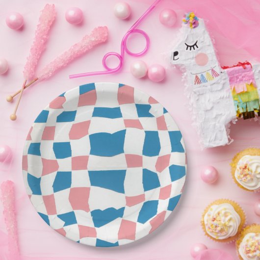 Retro Mod Roze Blauw Checkerboard Abstract Papieren Bordje (Feest)