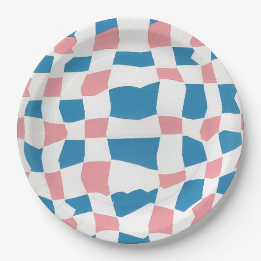 Retro Mod Roze Blauw Checkerboard Abstract Papieren Bordje (Voorkant)