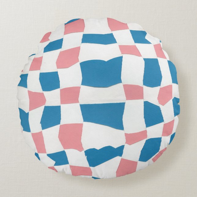 Retro Mod Roze Blauw Checkerboard Abstract Rond Kussen (Voorkant)
