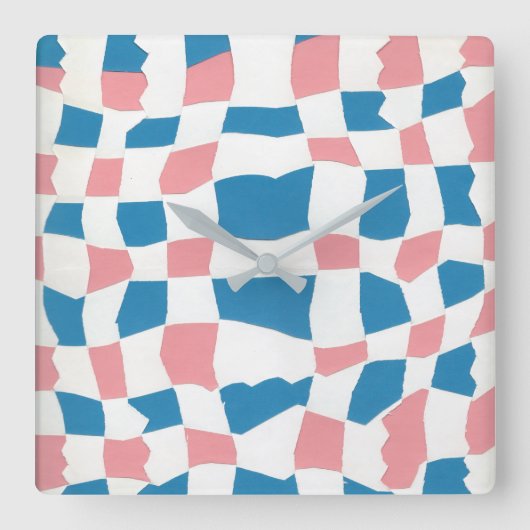 Retro Mod Roze Blauw Checkerboard Abstract Vierkante Klok (Voorkant)