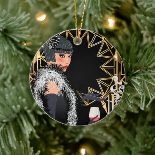 Retro mode vrouw met glas wijn keramisch ornament