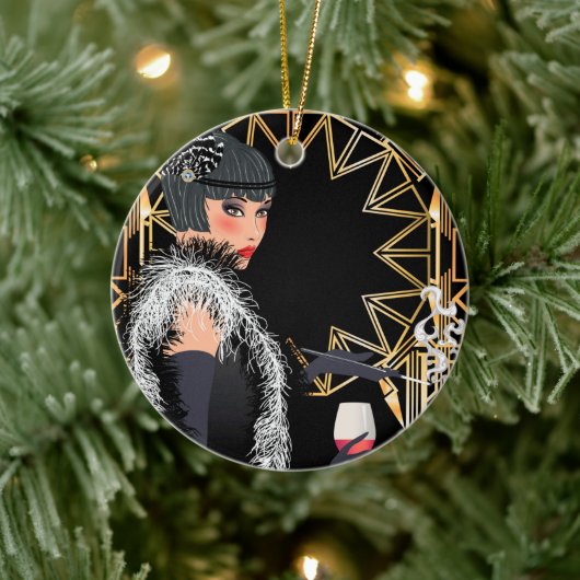 Retro mode vrouw met glas wijn keramisch ornament (Boom)