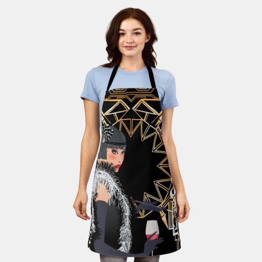 Retro mode vrouw met glas wijn schort (Gedragen)