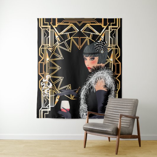 Retro mode vrouw met glas wijn wandkleed (In situ)