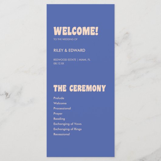 Retro Modern Blue & Beige Wedding Ceremony Programma (Voorkant)