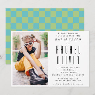 Retro Modern Chic Photo Blue en Green Bat Mitzvah Kaart