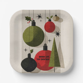 Retro modern-christmasornamenten uit het midden va papieren bordje