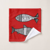 Retro Modern Fish, Deep Red en Grey / Grey Bad Handdoek (Wasdoekje)