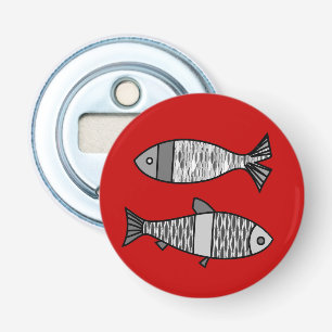 Retro Modern Fish, Deep Red en Grey / Grey Button Flesopener