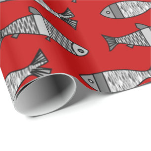 Retro Modern Fish, Deep Red en Grey / Grey Cadeaupapier