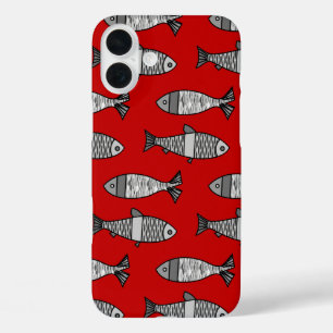 Retro Modern Fish, Deep Red en Grey / Grey iPhone 16 Plus Hoesje