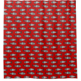 Retro Modern Fish, Deep Red en Grey / Grey Douchegordijn