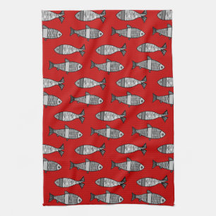 Retro Modern Fish, Deep Red en Grey / Grey Theedoek