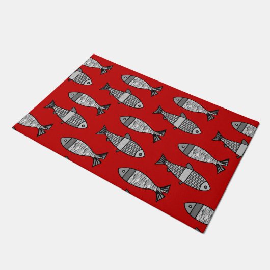 Retro Modern Fish, Deep Red & Grey / Grey Deurmat (Schuin)