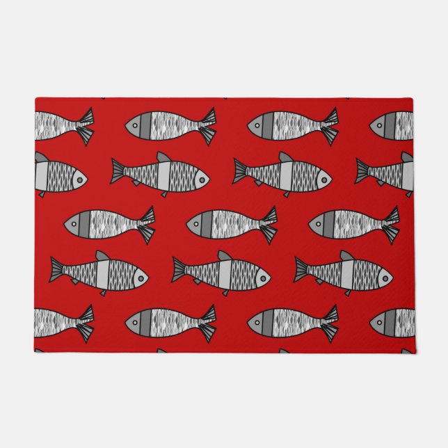 Retro Modern Fish, Deep Red & Grey / Grey Deurmat (Voorkant)