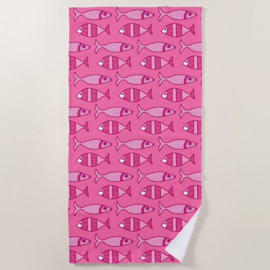 Retro Modern Fish, Fuchsia and Light Pink Strandlaken (Voorkant)
