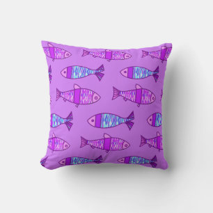 Retro Modern Fish Print, Amethyst Paars Kussen