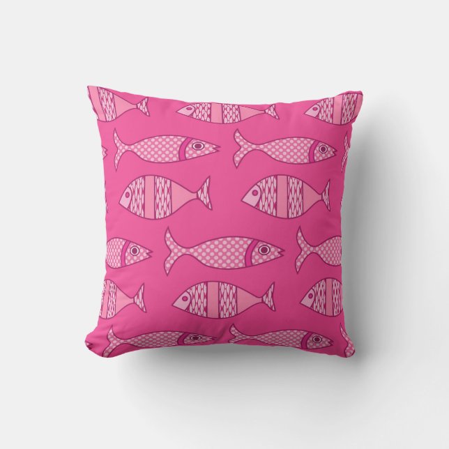 Retro Modern Fish Print, Fuchsia & Light Pink Buitenkussen (Voorkant)