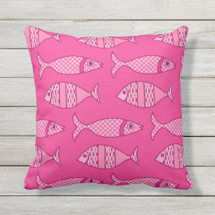 Retro Modern Fish Print, Fuchsia & Light Pink Buitenkussen