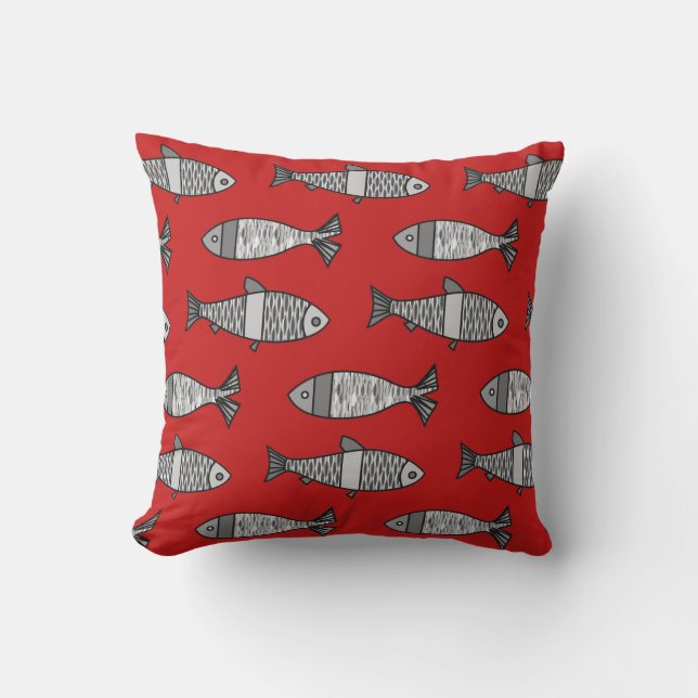 Retro Modern Fish Print, Rood en Grijs / Grijs Buitenkussen (Voorkant)