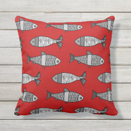 Retro Modern Fish Print, Rood en Grijs / Grijs Buitenkussen