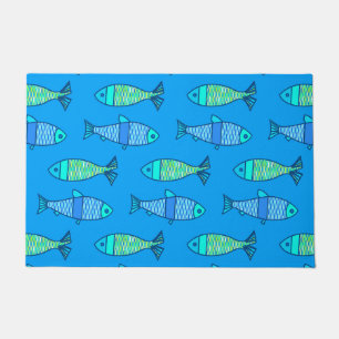 Retro Modern Fish, Turquoise & Cerulean Blue Deurmat