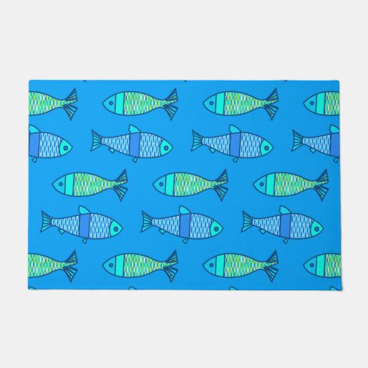 Retro Modern Fish, Turquoise & Cerulean Blue Deurmat (Voorkant)