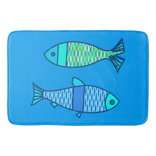 Retro Modern Fish, Turquoise en Cerulean Blue Badmat (Voorkant)