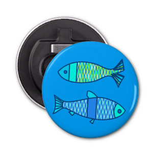 Retro Modern Fish, Turquoise en Cerulean Blue Button Flesopener
